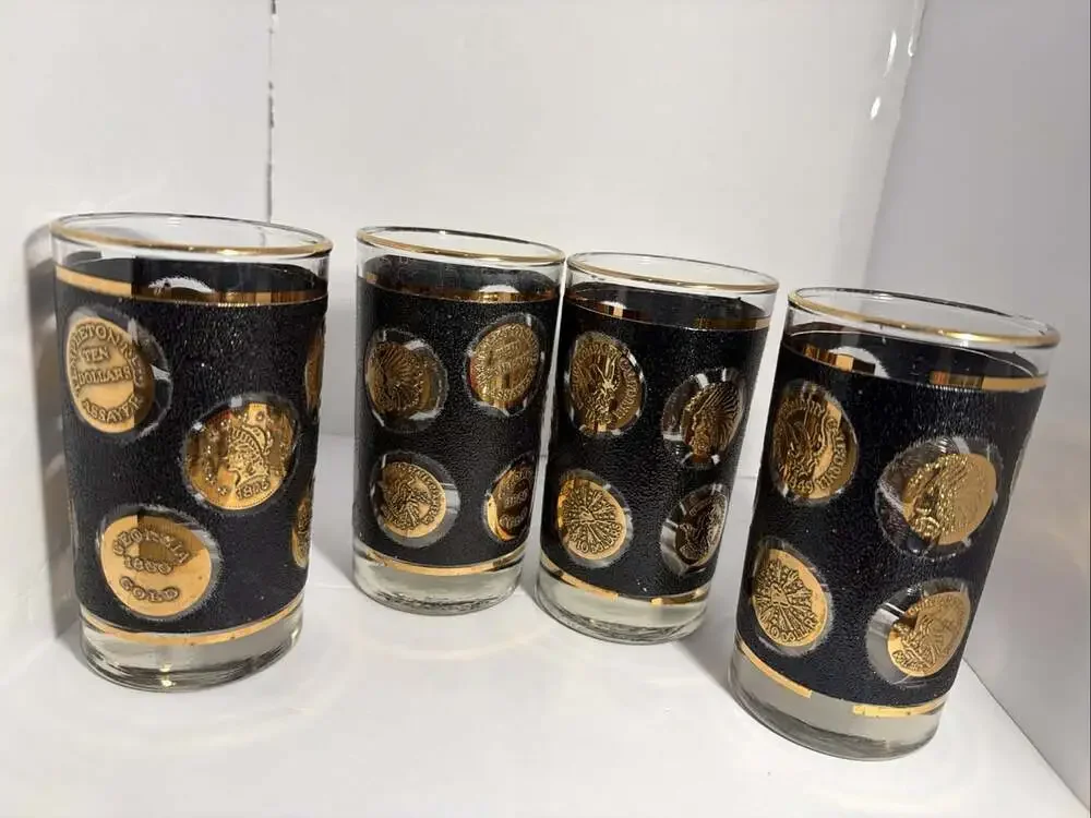 4 VNTG 1960’s Libbey Black Textured 22k Gold Coin Design MCM Tumblers High Ball